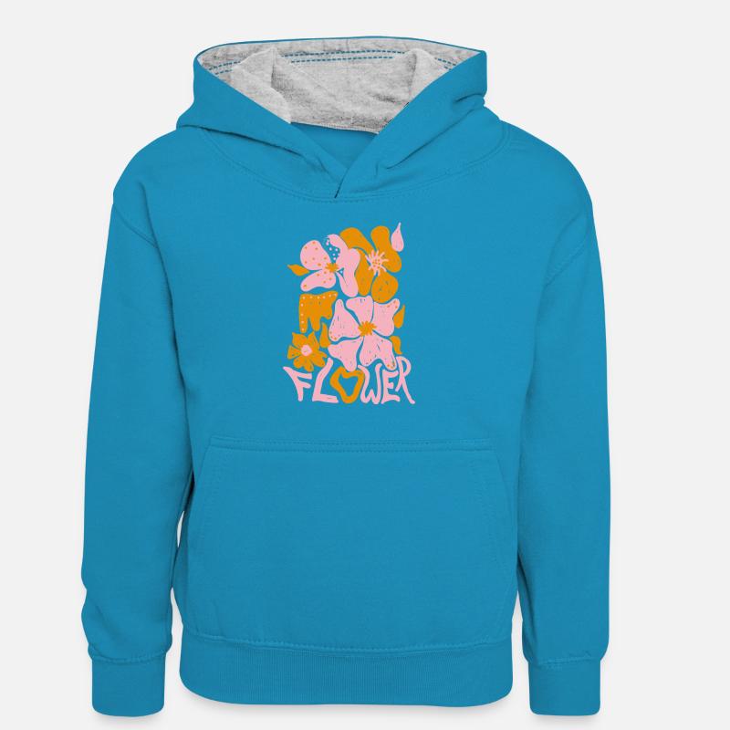 Fleur rose - Sweat à capuche contrasté Ado - bleu paon/gris chiné