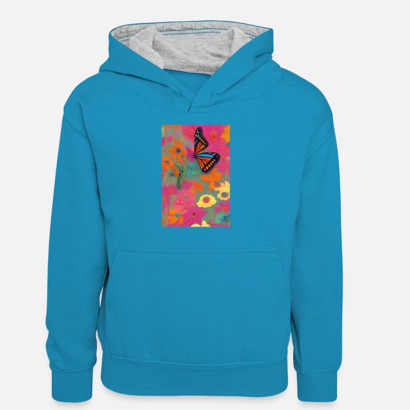 Fleurs et papillon - Sweat à capuche contrasté Ado - bleu paon/gris chiné