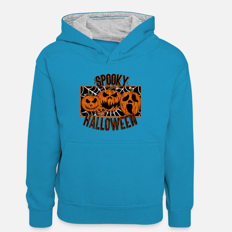 Halloween effrayant | Conception de citrouilles effrayantes - Sweat à capuche contrasté Ado - bleu paon/gris chiné