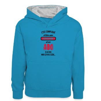 adolescent / enfant / ado / adolescente - Sweat à capuche contrasté Ado - bleu paon/gris chiné - Devant