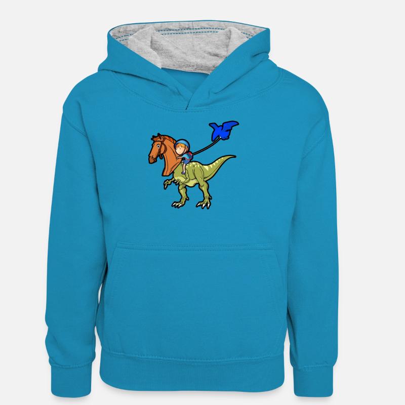 Dino T-Rex école élève dragon idée cadeau - Sweat à capuche contrasté Ado - bleu paon/gris chiné