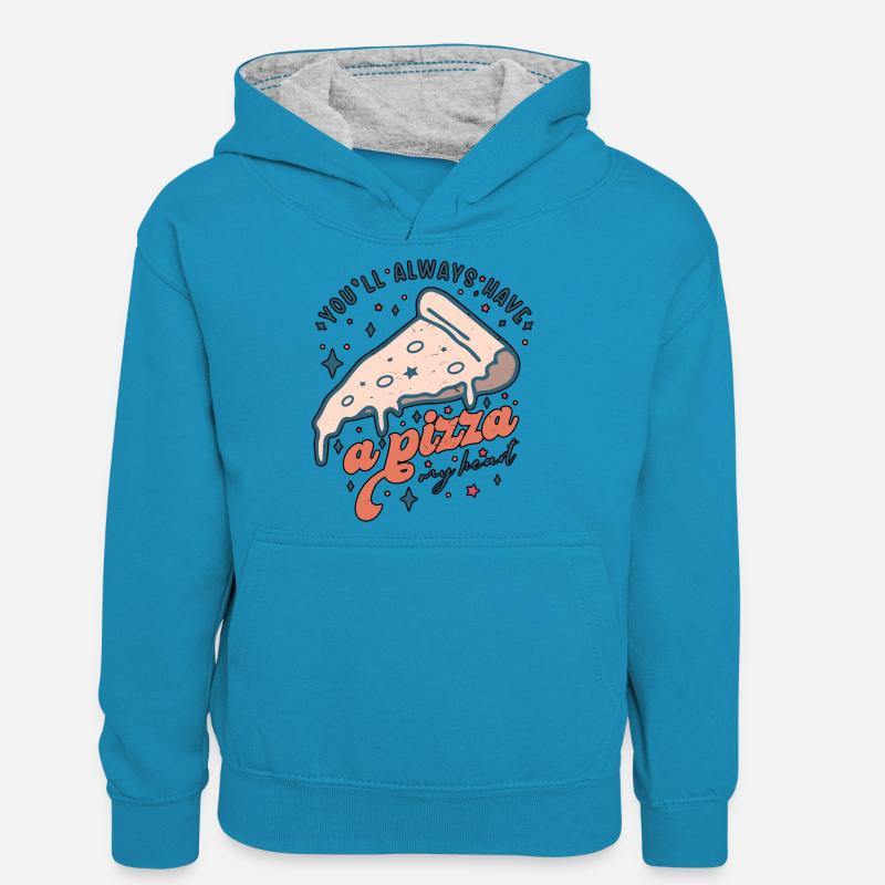 Tu auras toujours une pizza ma Saint-Valentin - Sweat à capuche contrasté Ado - bleu paon/gris chiné
