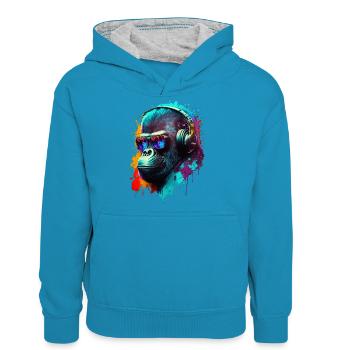 Gorilla Monkey DJ Casque Lunettes de soleil Club Musique - Sweat à capuche contrasté Ado - bleu paon/gris chiné - Devant