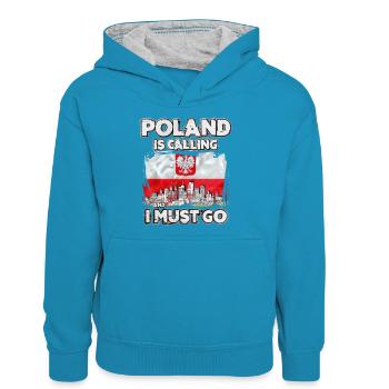 Pologne - Sweat à capuche contrasté Ado - bleu paon/gris chiné - Devant