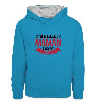Belle maman trop géniale. cadeau belle maman. mère - Sweat à capuche contrasté Ado - bleu paon/gris chiné - Devant