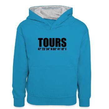 Tours Koordinaten - Teenager Kontrast-Hoodie - Pfauenblau/Grau meliert - Vorne
