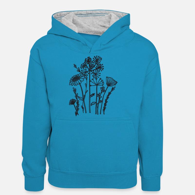 Fleurs séchées noires - Sweat à capuche contrasté Ado - bleu paon/gris chiné