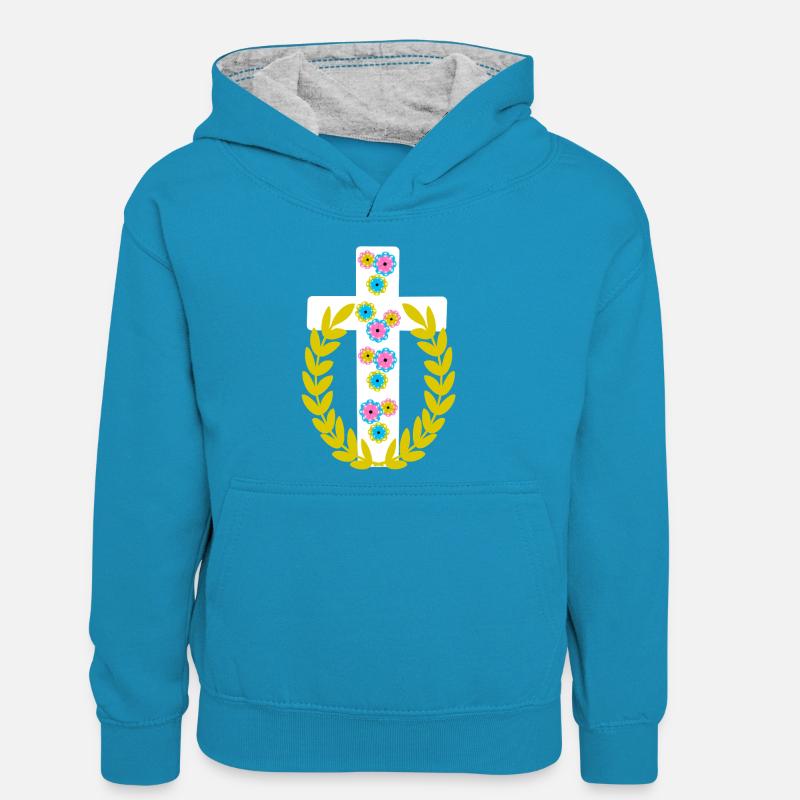 Croix Croix de Jésus - Sweat à capuche contrasté Ado - bleu paon/gris chiné