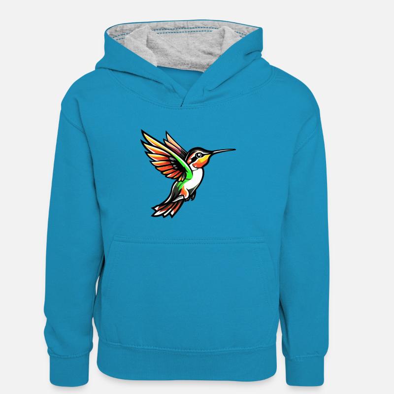 Colibri Oiseau Bande Dessinée - Sweat à capuche contrasté Ado - bleu paon/gris chiné
