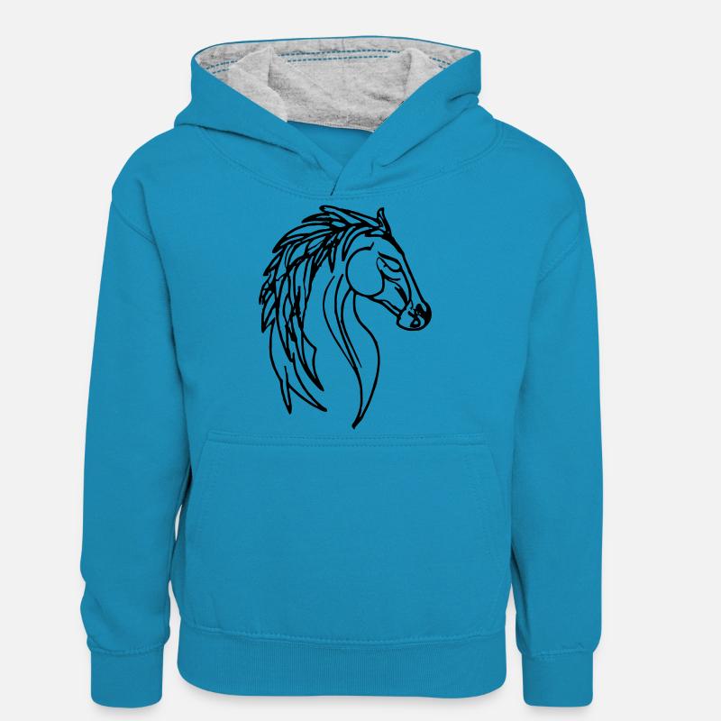 Illustration de cheval Line Art Idée cadeau - Sweat à capuche contrasté Ado - bleu paon/gris chiné