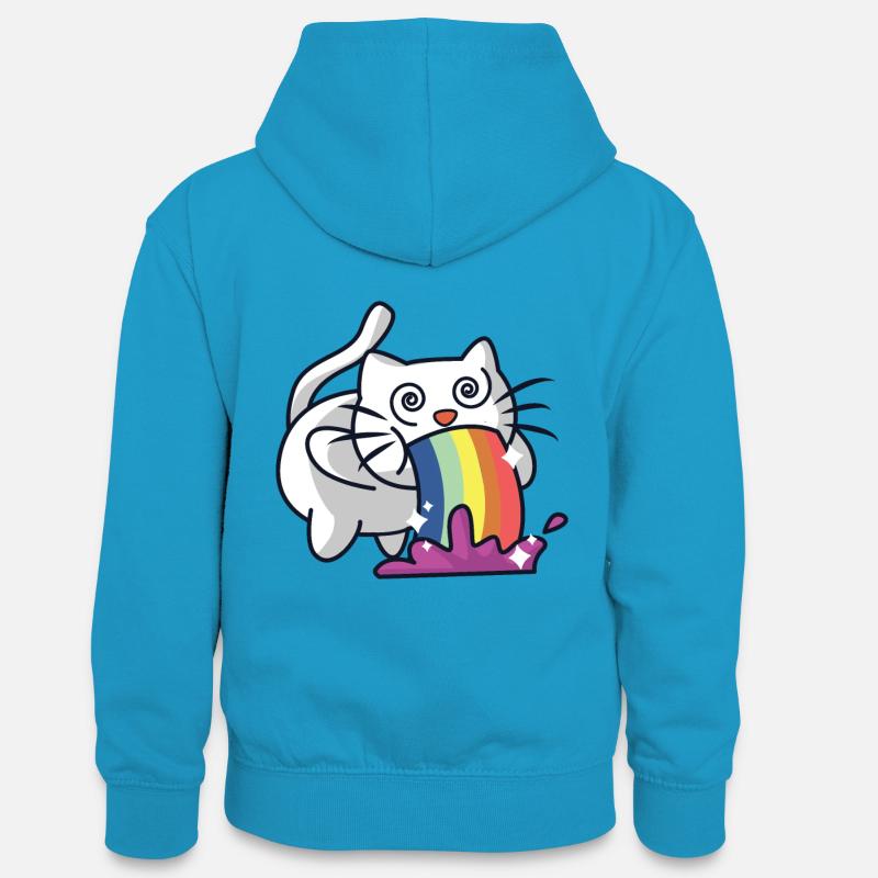 Chat arc-en-ciel - Sweat à capuche contrasté Ado - bleu paon/gris chiné