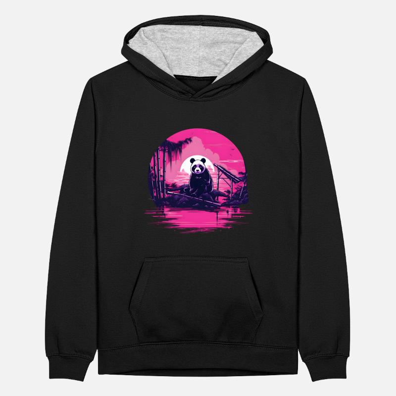 Synthwave Panda Japan Sunset Teenager Contrast Hoodie