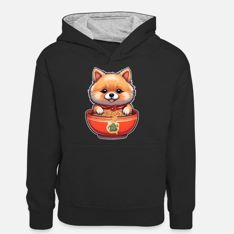 Chien mignon avec des nouilles Ramen - Sweat à capuche contrasté Ado - noir/gris chiné