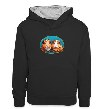 zwei goldige Meerschweinchen im blauen Oval - Teenager Kontrast-Hoodie - Schwarz/Grau meliert - Vorne