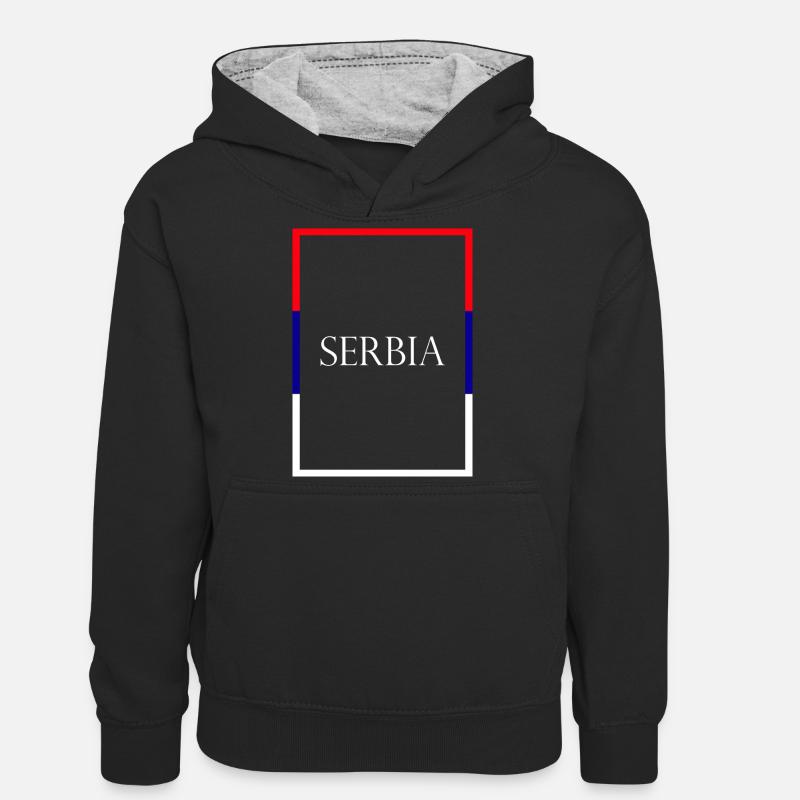 Serbie Serbie, Lettrage de déclaration avec drapeau - Sweat à capuche contrasté Ado - noir/gris chiné