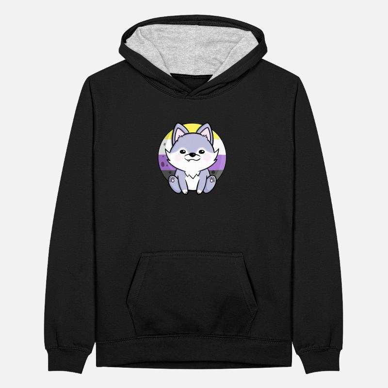 Cute Wolf Dog Nonbinary Flag Flag LGBTQ Moon Teenager Contrast Hoodie