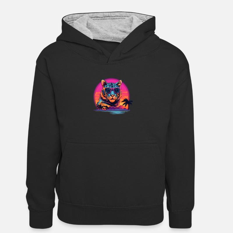 Synthwave Tiger Sunset - Sweat à capuche contrasté Ado - noir/gris chiné