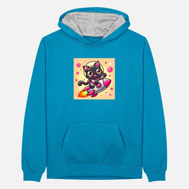 Space Kitty sur une fusée dans l’espace Sweat à capuche contrasté Ado