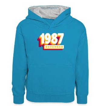 Novembre 1987 36 Ans Homme Femme Anniversaire - Sweat à capuche contrasté Ado - bleu paon/gris chiné - Devant