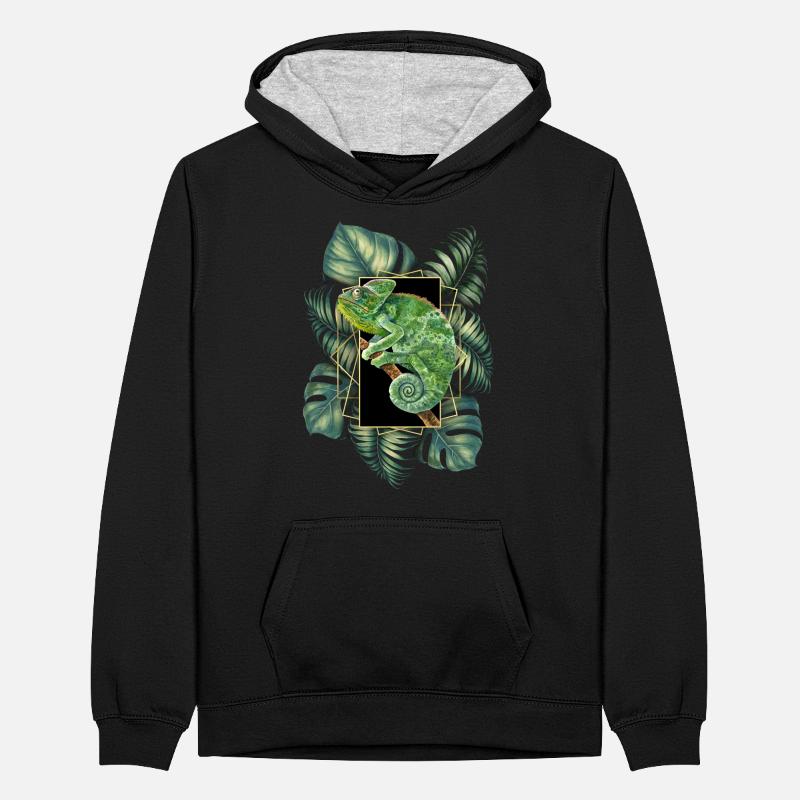 Veiled Chameleon Jungle Pattern Tropical Chameleon Teenager Contrast Hoodie