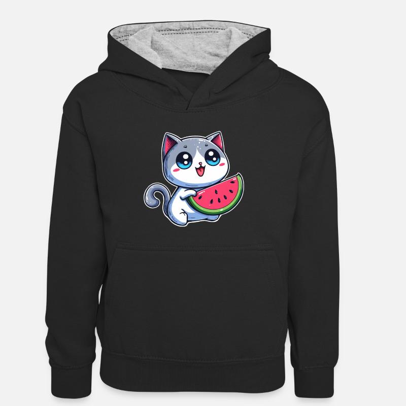 Un chat mignon mange de la pastèque - Sweat à capuche contrasté Ado - noir/gris chiné