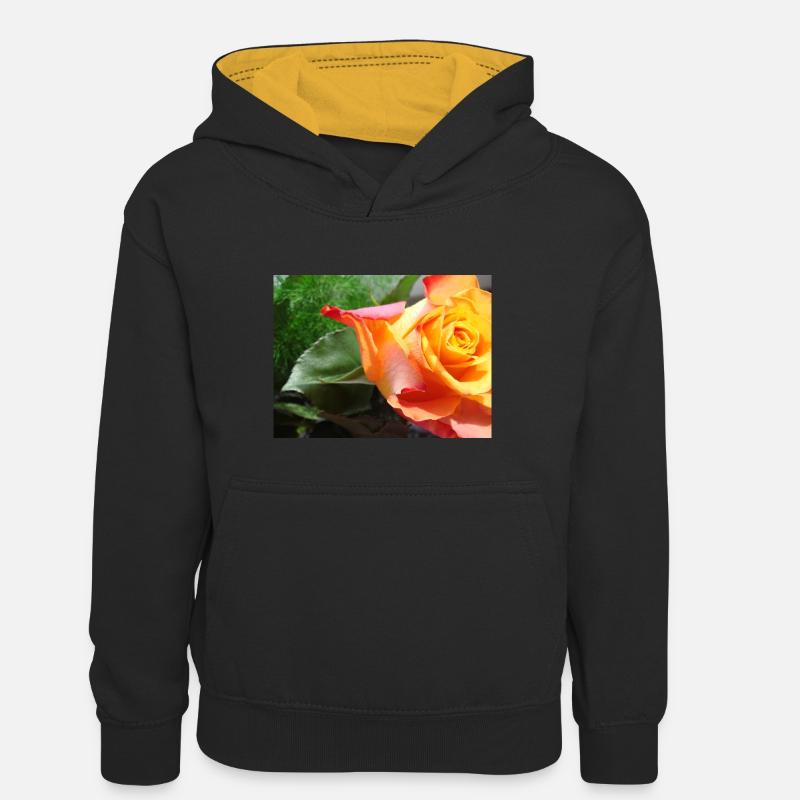 Rose orange à feuilles vertes - Sweat à capuche contrasté Ado - noir/or