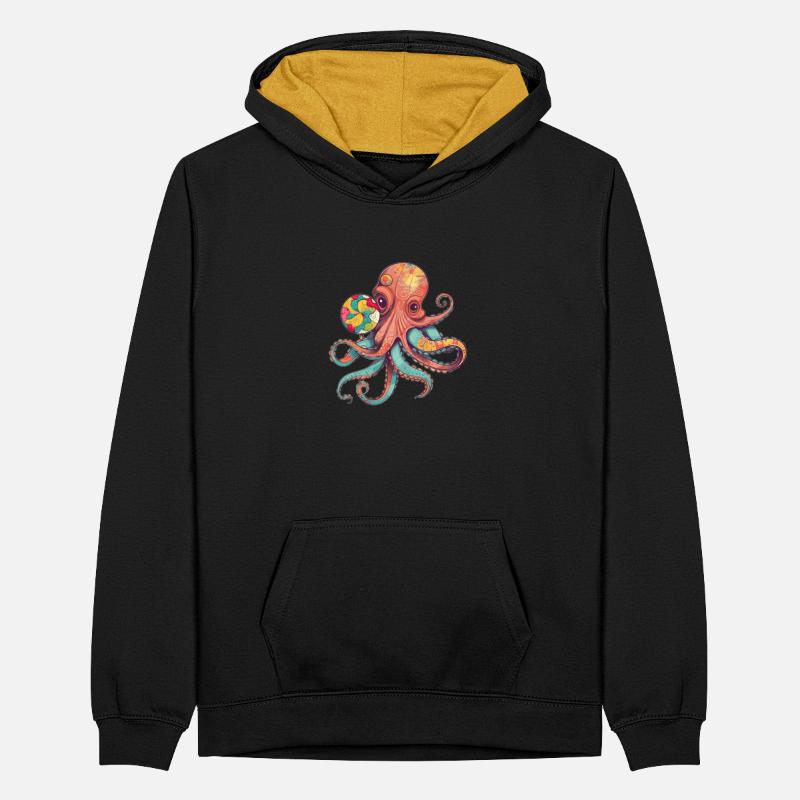 Funny Comic Octopus with Lollipop Teenager Contrast Hoodie