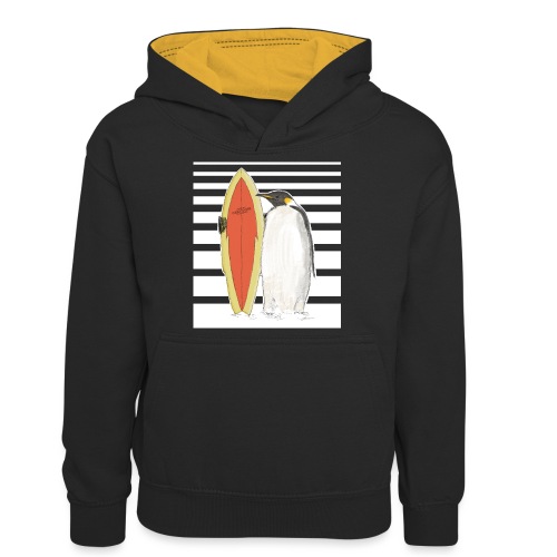 Penguin with Surfboard (stripes) - Teenager Contrast Hoodie
