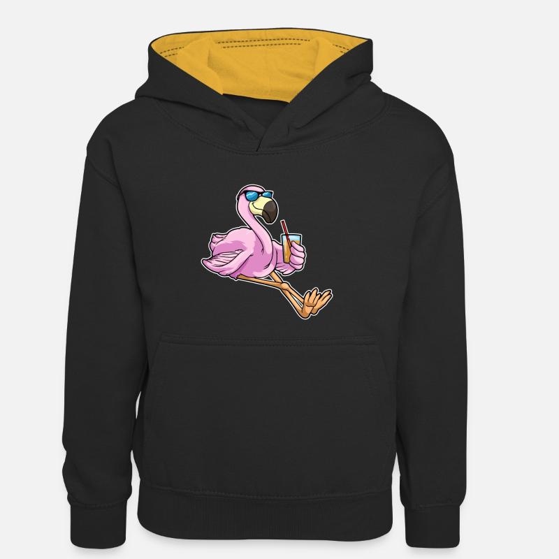 Flamant rose avec boisson avec paille - Sweat à capuche contrasté Ado - noir/or