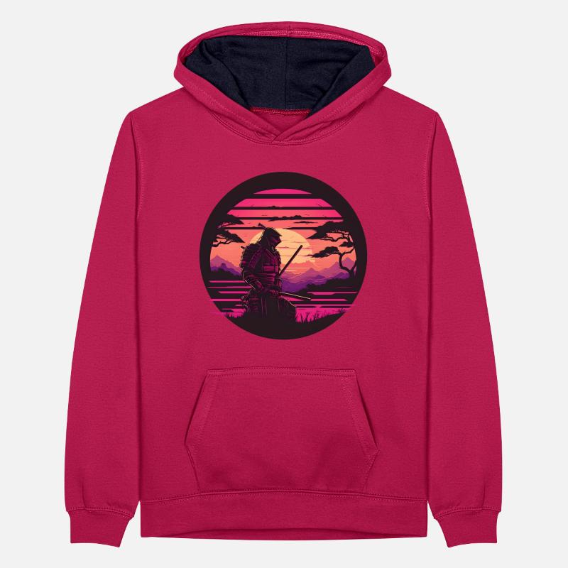 Synthwave Samurai with katana Teenager Contrast Hoodie