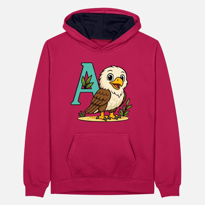 Aigle mignon avec initiale A et feuillage Sweat à capuche contrasté Ado