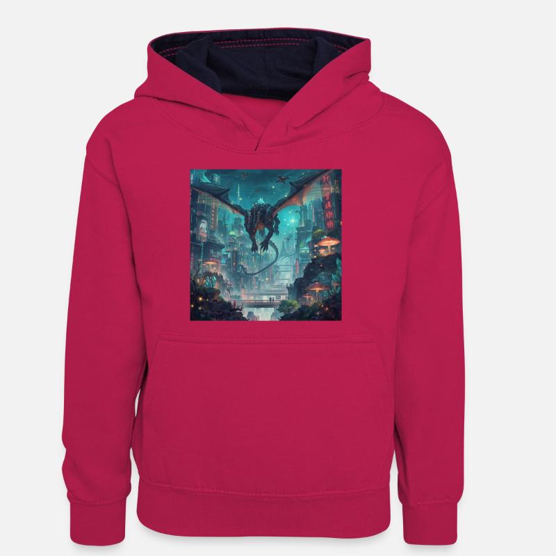 Dragon néon sur la mégapole - Sweat à capuche contrasté Ado - rose/bleu marine