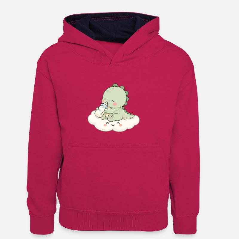 Bébé Dino mignon avec biberon - Sweat à capuche contrasté Ado - rose/bleu marine