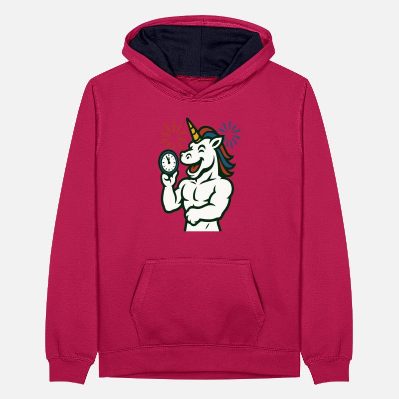 Starkes Einhorn-Zeit-Illustrationsmaskottchen Teenager Kontrast-Hoodie