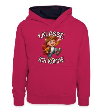 1. Klasse Ich komme Einschulung Jungen - Teenager Kontrast-Hoodie - Pink/Navy - Vorne