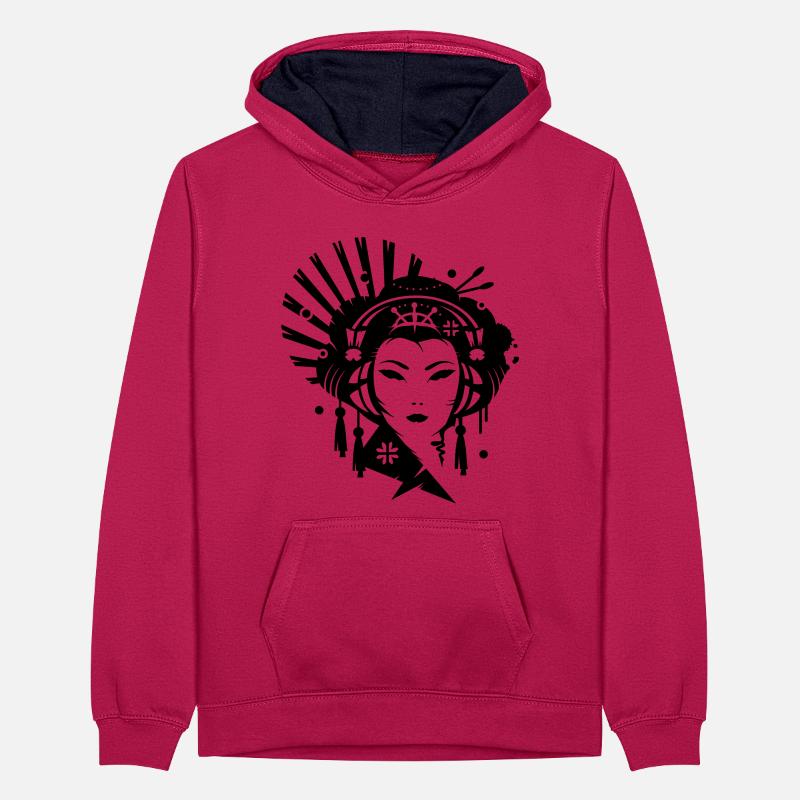 Ein japanisches Mädchen als Geisha mit Kopfhörer Teenager Kontrast-Hoodie