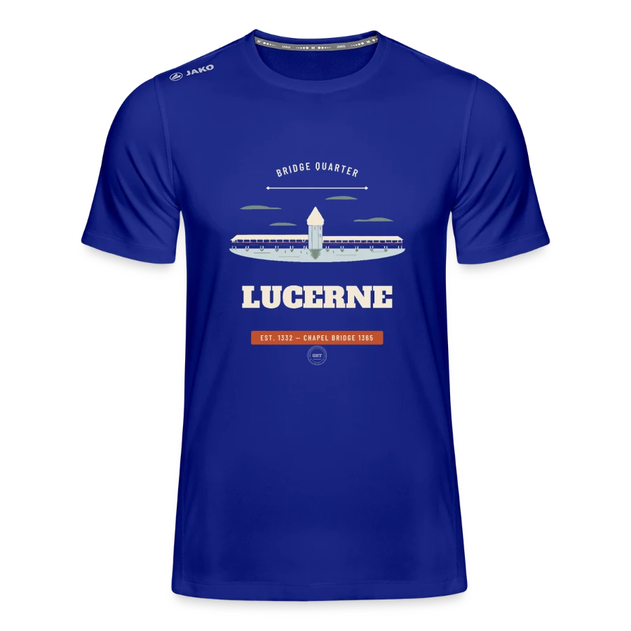 Lucerne badge on a jako men's t-shirt run 2.0, royal blue