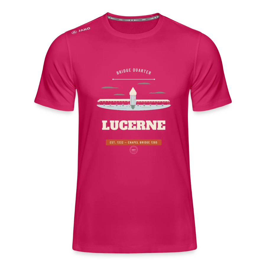 Lucerne badge on a jako men's t-shirt run 2.0, dark pink