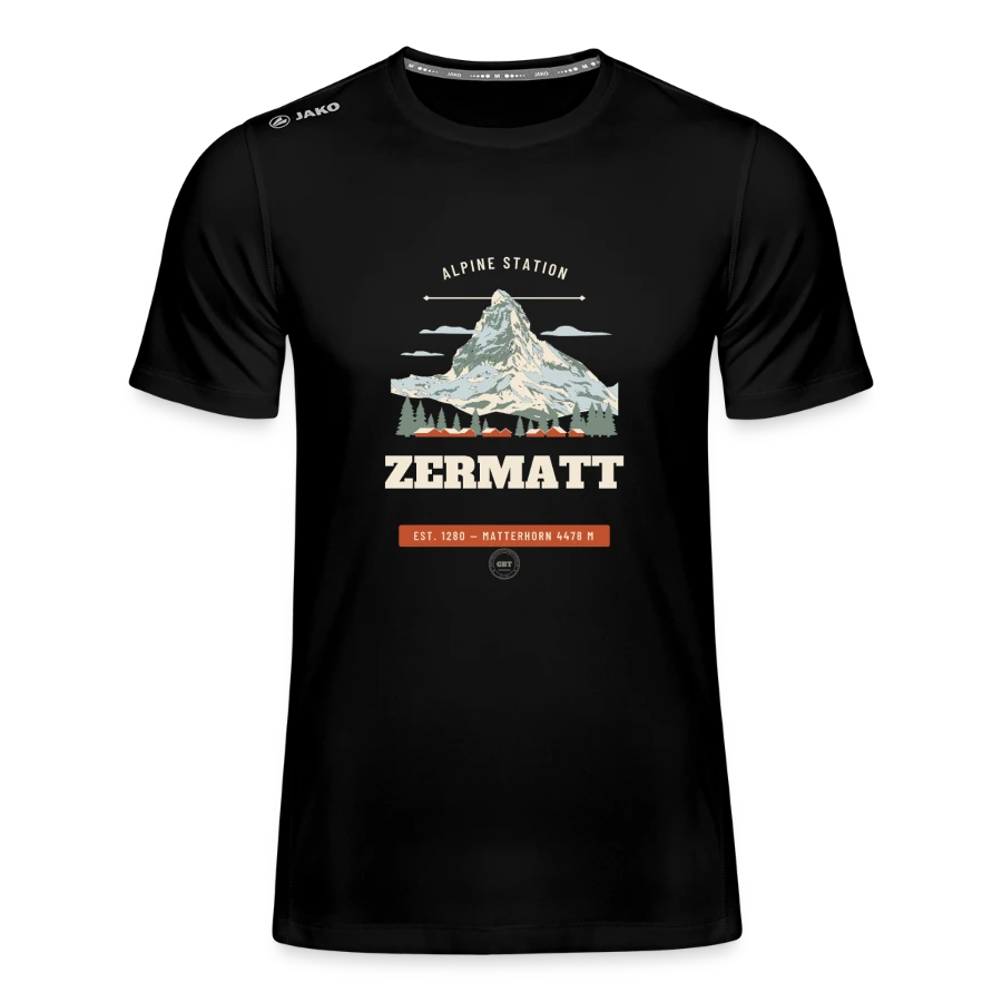 Zermatt badge on a jako men's t-shirt run 2.0, black