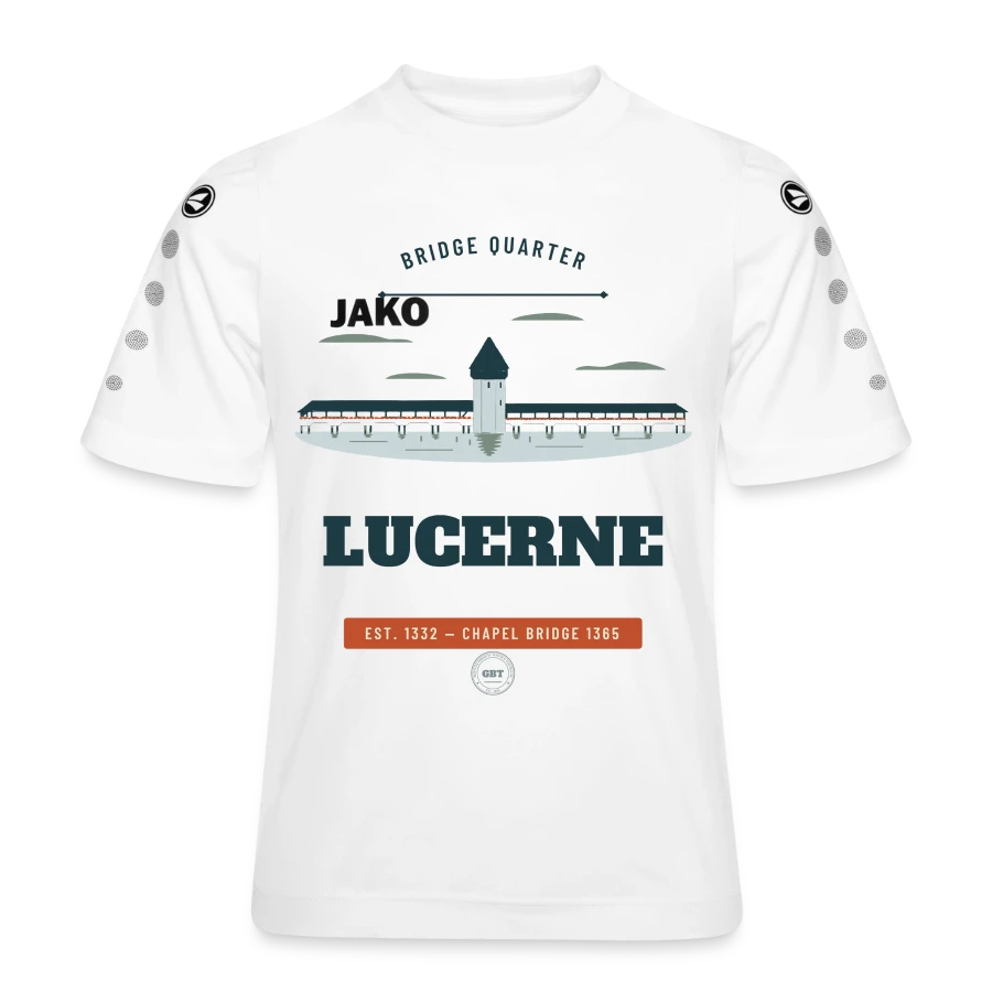 Lucerne badge on a jako kids' team jersey, white