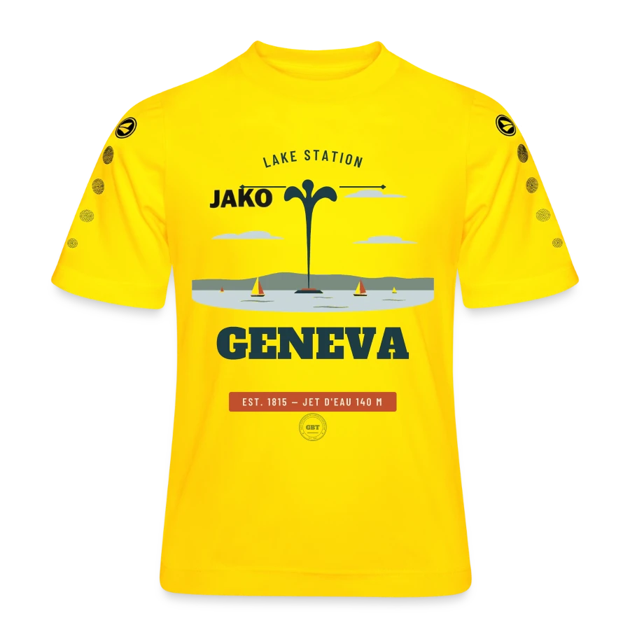 Geneva badge on a jako kids' team jersey, yellow