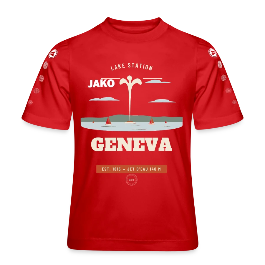 Geneva badge on a jako kids' team jersey, red