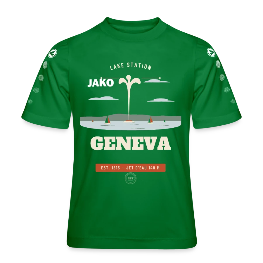 Geneva badge on a jako kids' team jersey, kelly green
