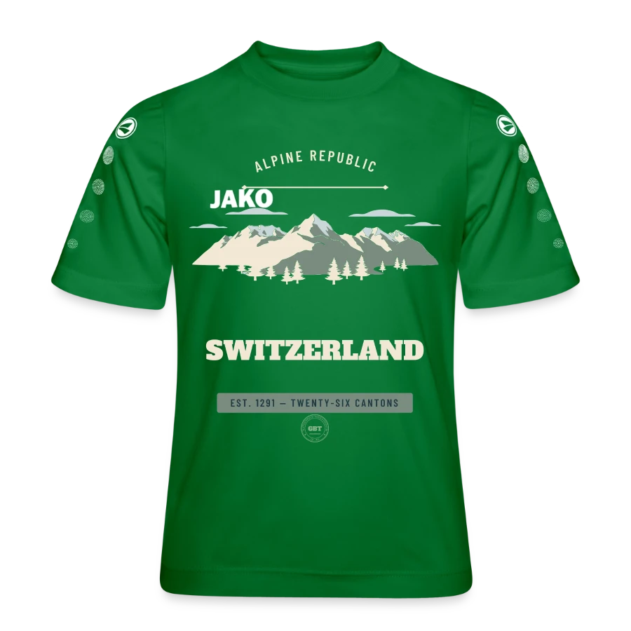 Switzerland badge on a jako kids' team jersey, kelly green