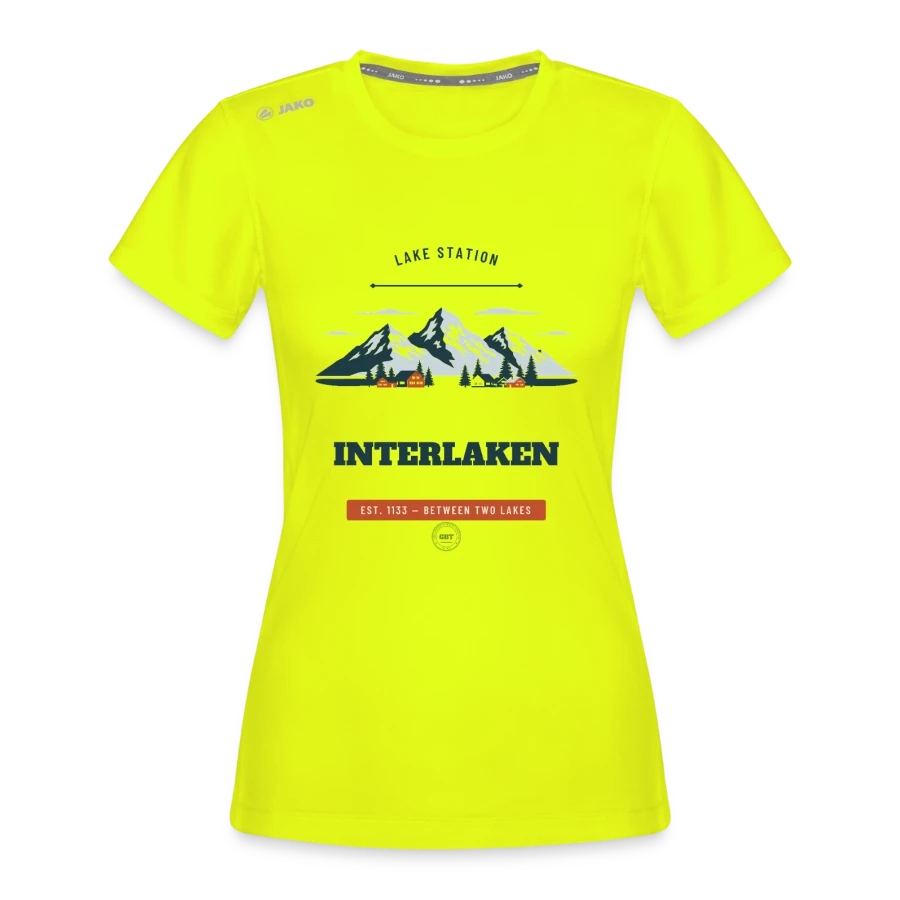 Interlaken badge on a jako woman's t-shirt run 2.0, neon yellow