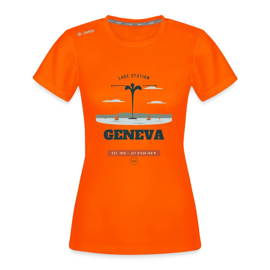 Geneva badge on a jako woman's t-shirt run 2.0, neon orange