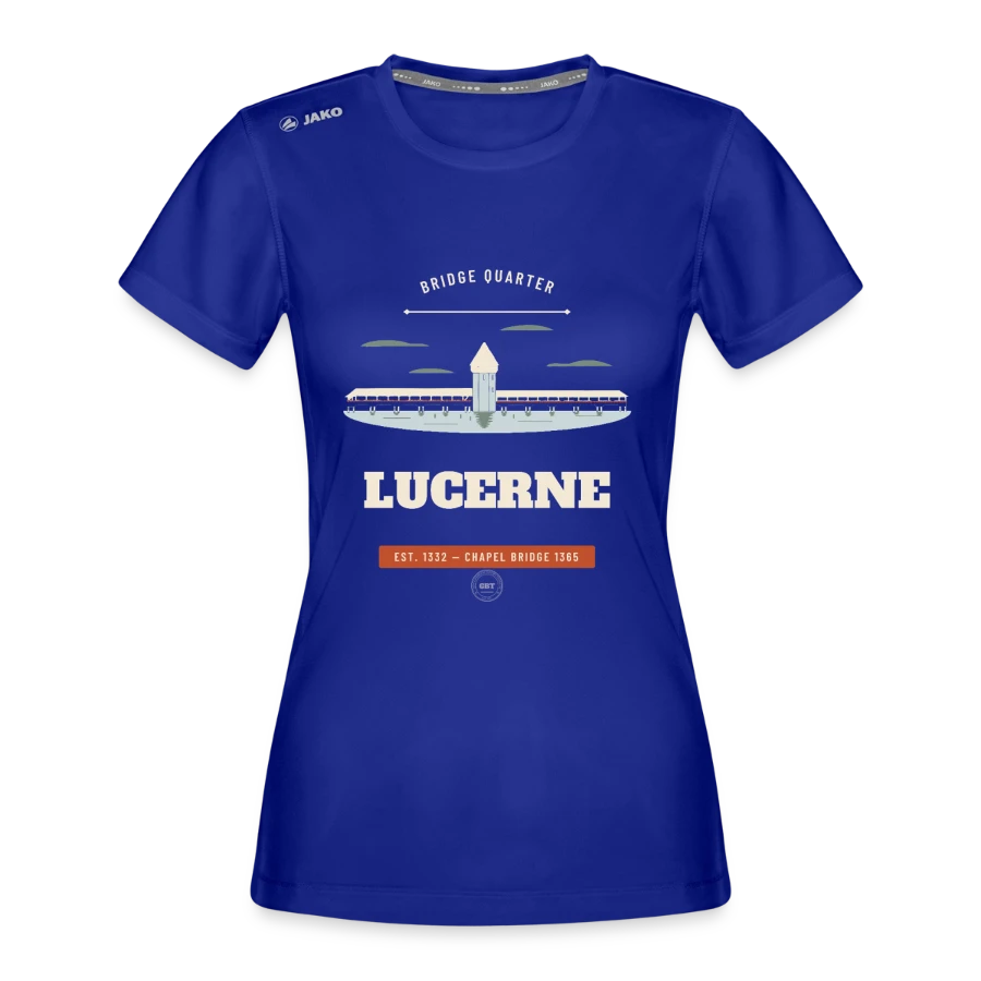 Lucerne badge on a jako woman's t-shirt run 2.0, royal blue