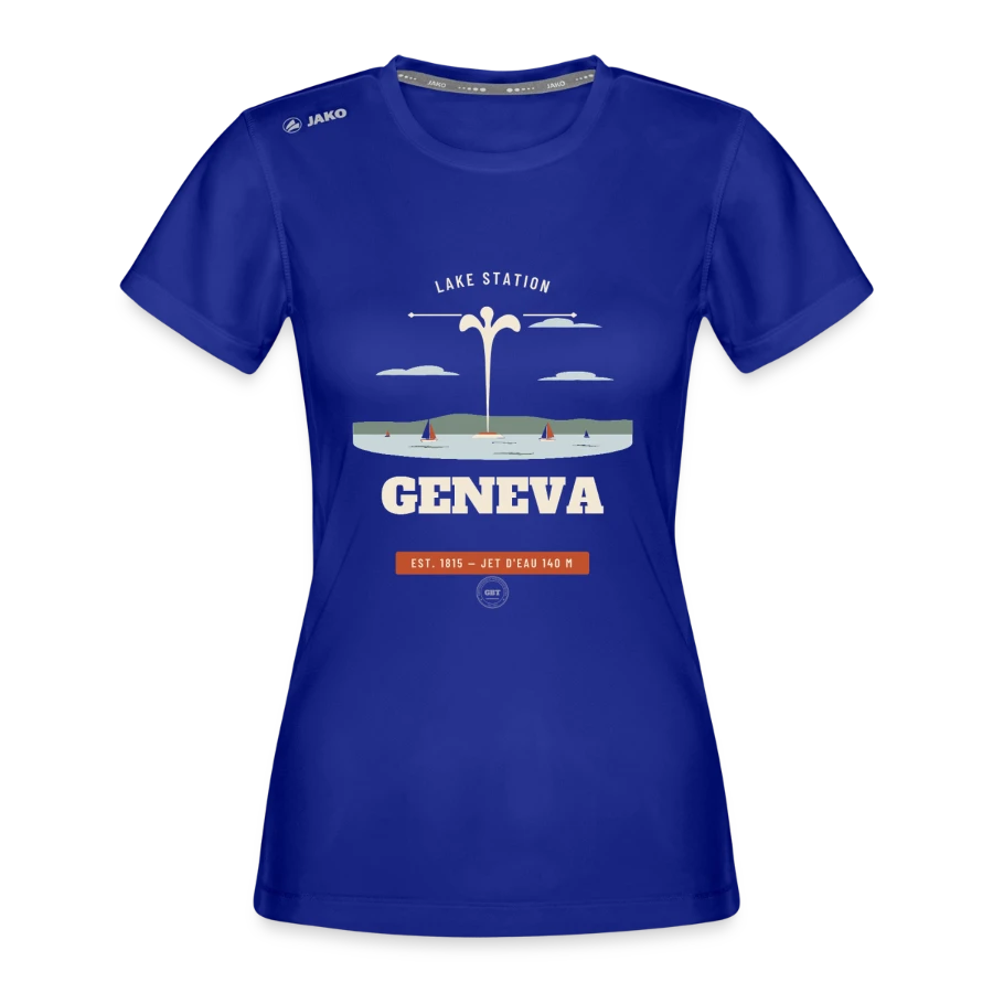 Geneva badge on a jako woman's t-shirt run 2.0, royal blue