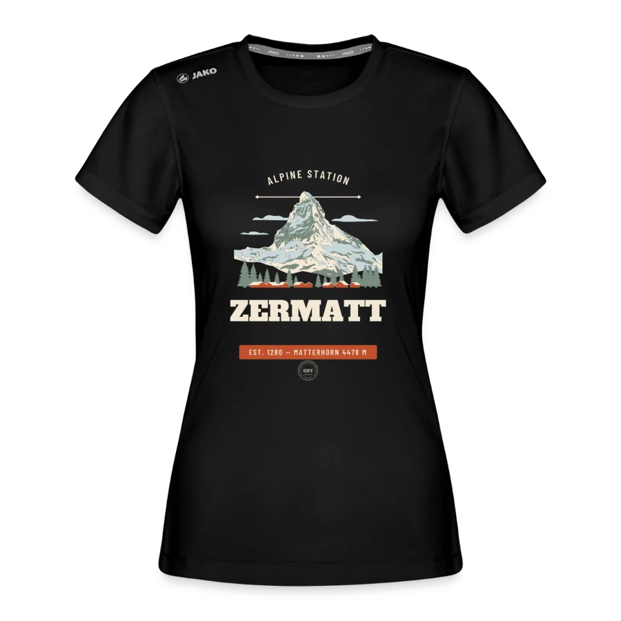 Zermatt badge on a jako woman's t-shirt run 2.0, black