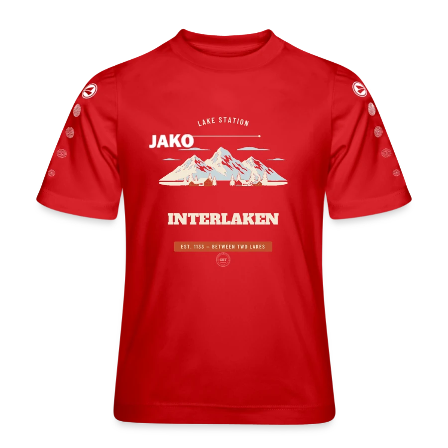 Interlaken badge on a jako teen team jersey, red